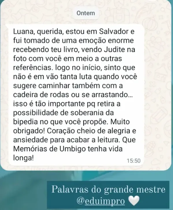 Print de conversa de WhatsApp de uma leitora, @eduimpro, emocionada com o livro Memórias de Umbigo