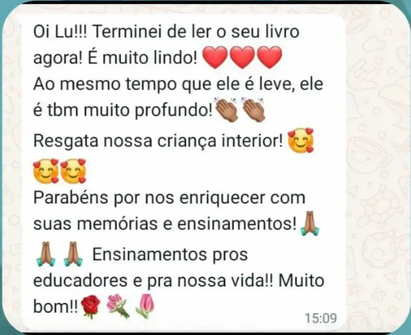 Print de conversa de WhatsApp de uma leitora elogiando o livro Memórias de Umbigo